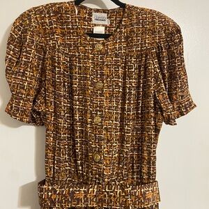 VTG Leslie Fay Brown dress pockets & belt women’s 12 gold buttons | secretary